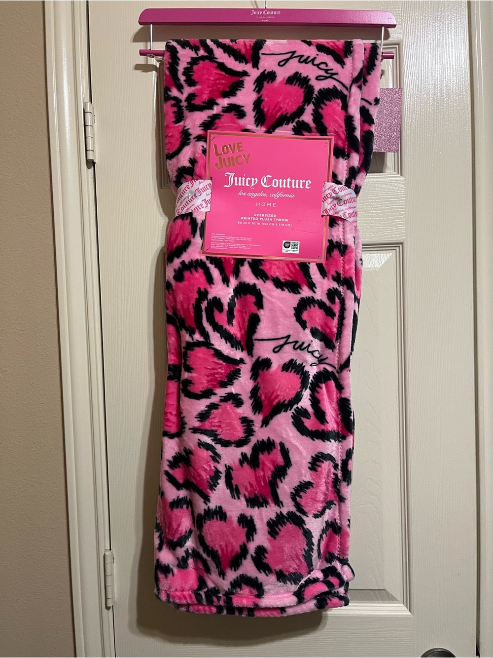 Juicy Couture Pink and Black Heart Leopard Plush Throw Blanket